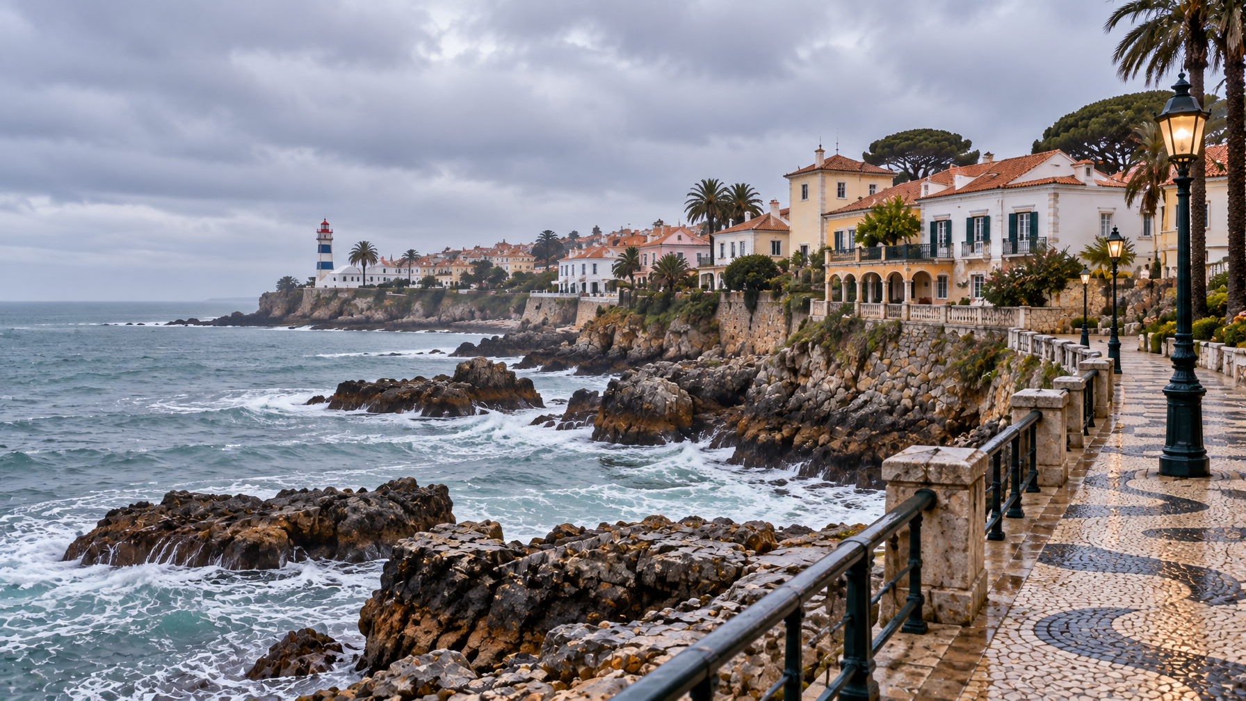 Empty Cascais winter promenade with mosaic paving, rocky Atlantic shore, and a lighthouse on the headland under overcast sky