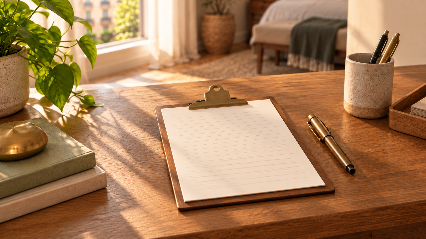 Wooden clipboard with blank ruled paper and a capped brass fountain pen on a sunlit desk