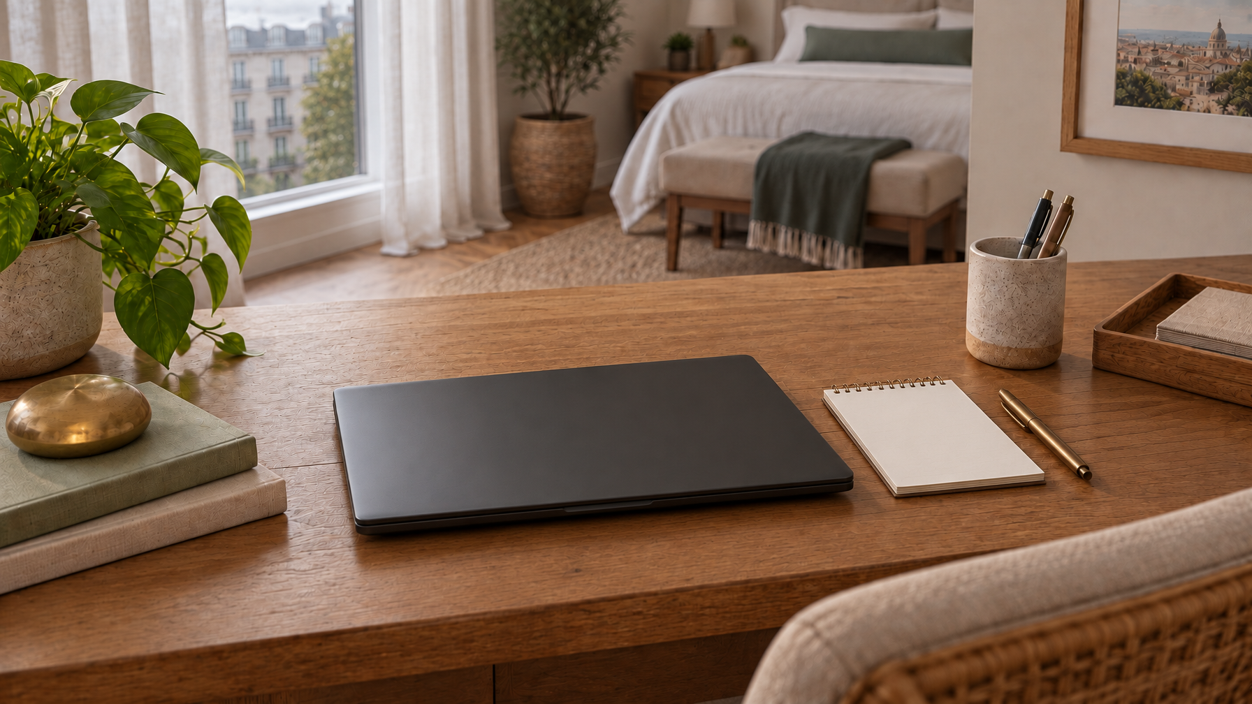 Closed matte-black laptop on a wooden desk beside a blank spiral notepad and brass pen