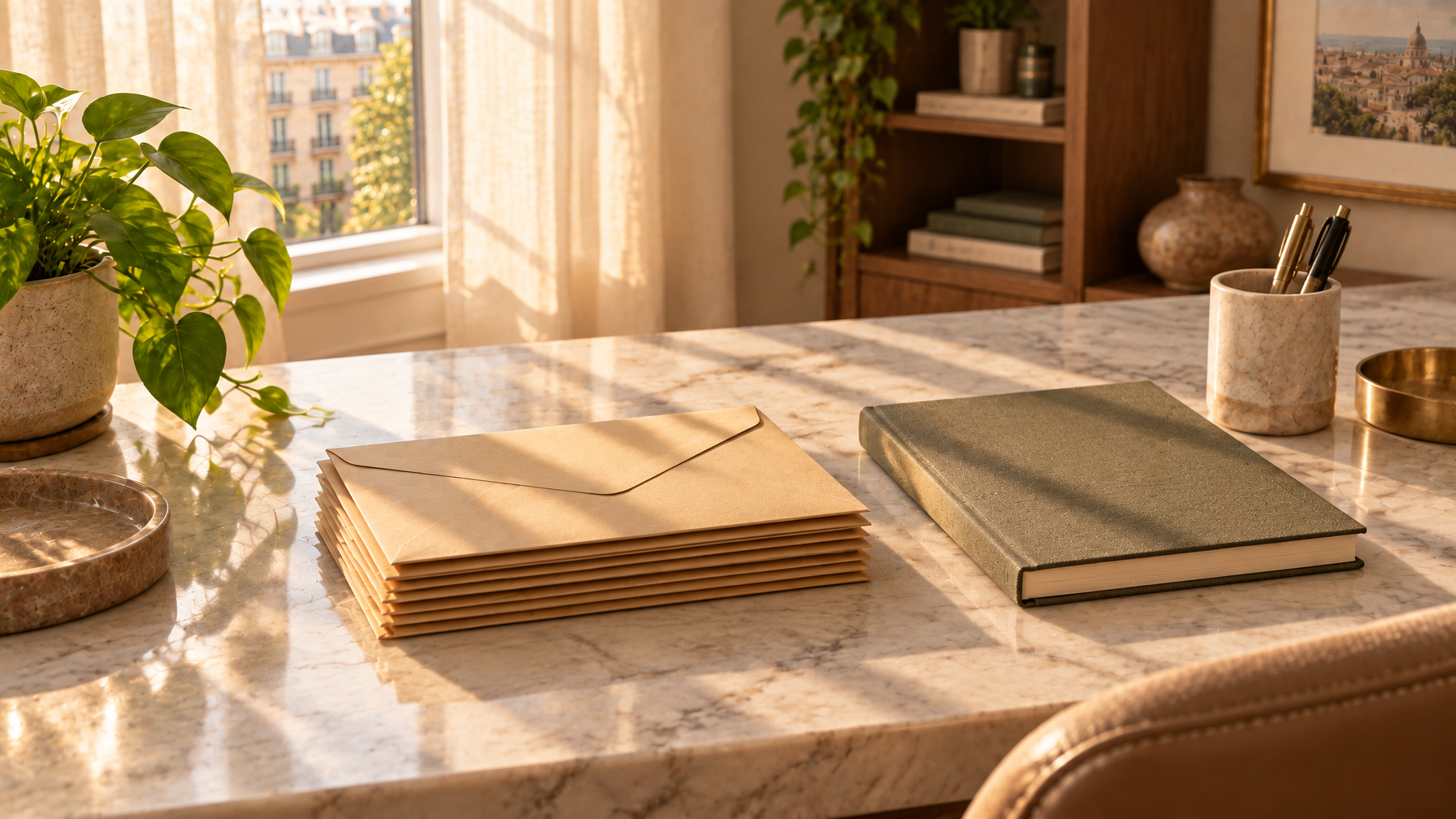 Stack of plain kraft envelopes and a closed green hardcover notebook on a marble desk