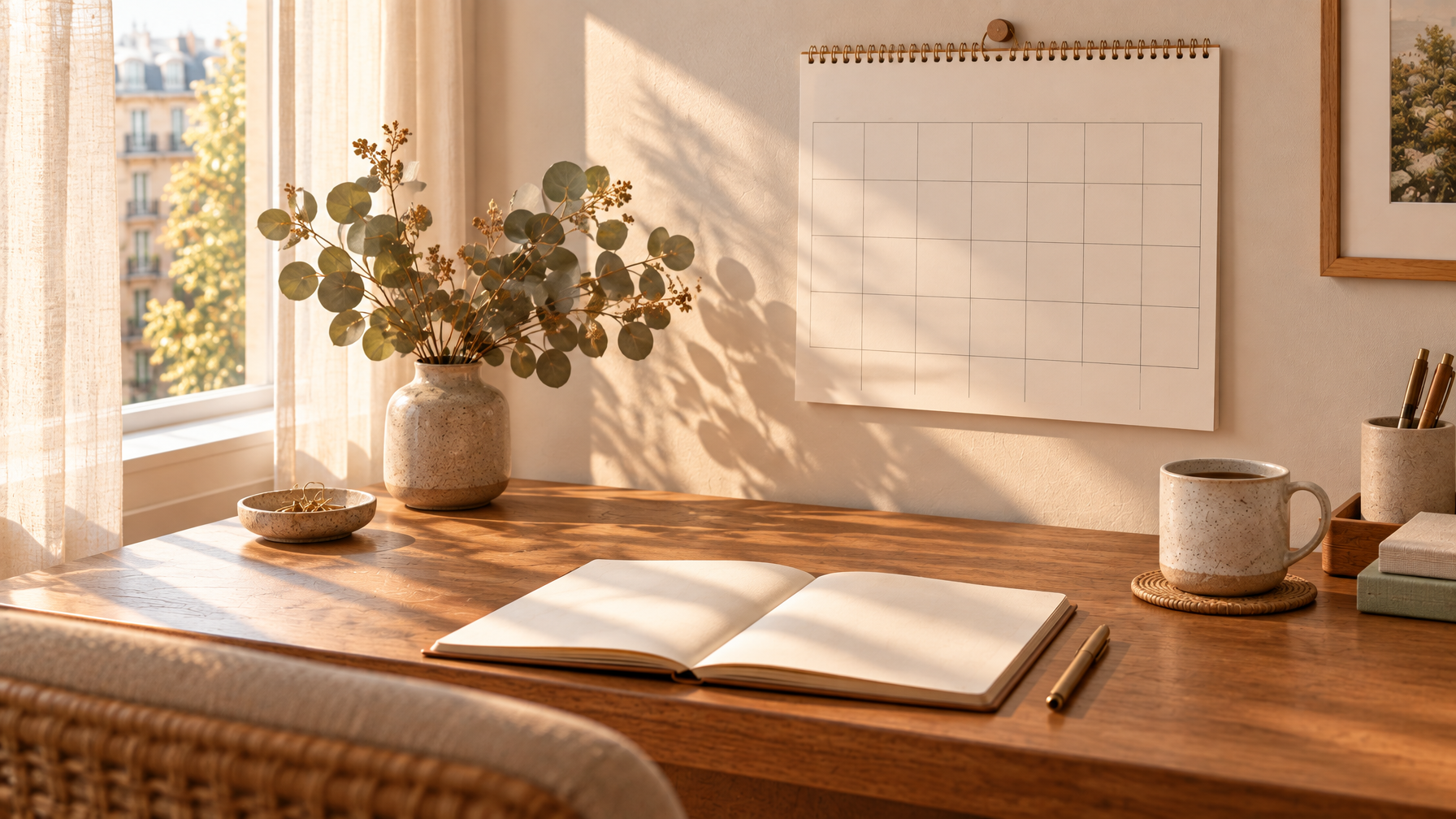 Spiral wall calendar with empty date squares above a wooden desk with eucalyptus, a blank notebook, and a ceramic mug