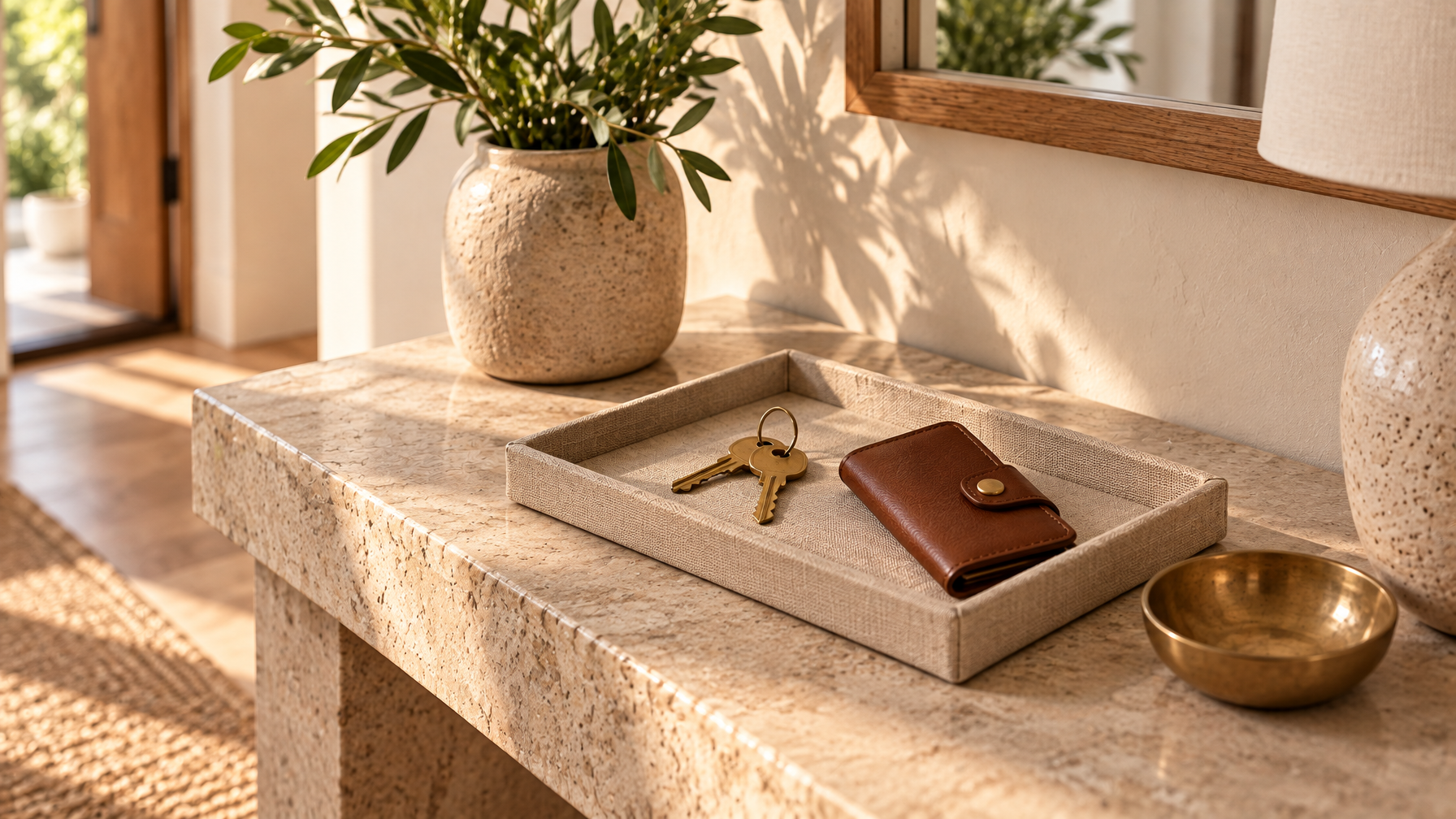 Brass house keys and a small leather folio on a linen tray on a stone entry console