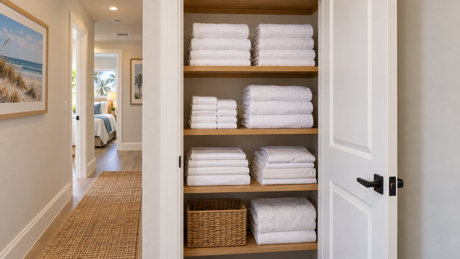 Open hallway linen closet with stacked white towels, folded sheet sets, a wicker basket, and a view through to an empty bedroom