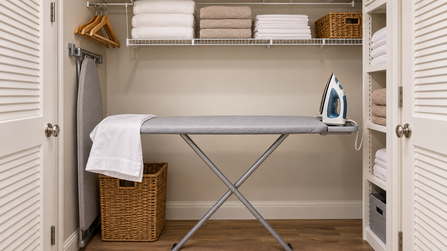 Open utility closet with a grey ironing board, blue steam iron, white pillowcase, wall-mounted spare board, and stacked linens