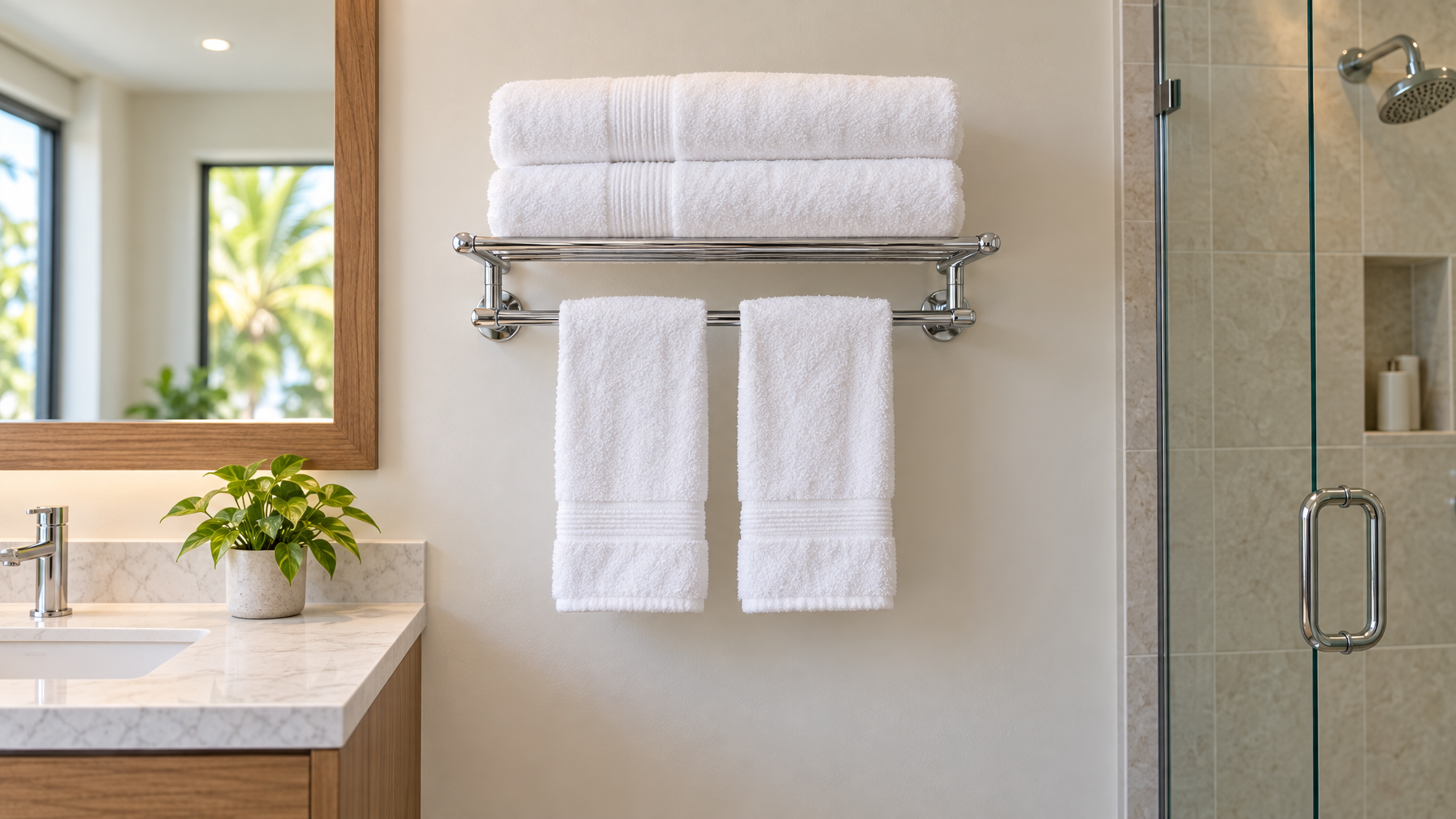 Chrome bathroom towel rack with two rolled white bath towels on the shelf and two hanging white hand towels in an empty bath