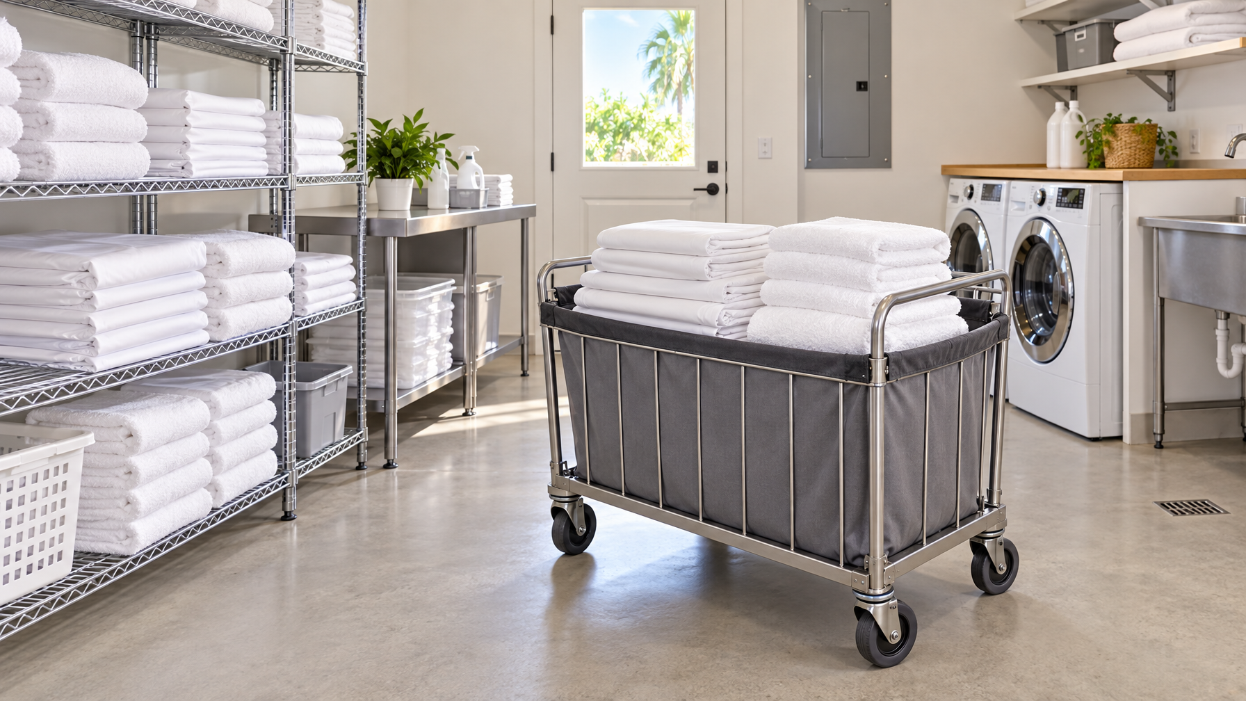 Stainless laundry cart stacked with folded white sheets and towels in an empty utility room beside wire shelves and washers
