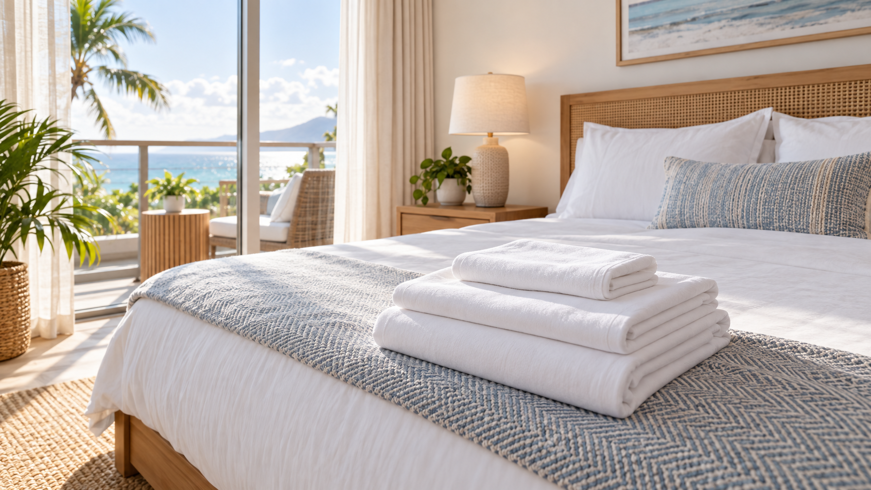 Folded white linens stacked on a herringbone throw at the foot of an empty made bed facing a balcony and ocean