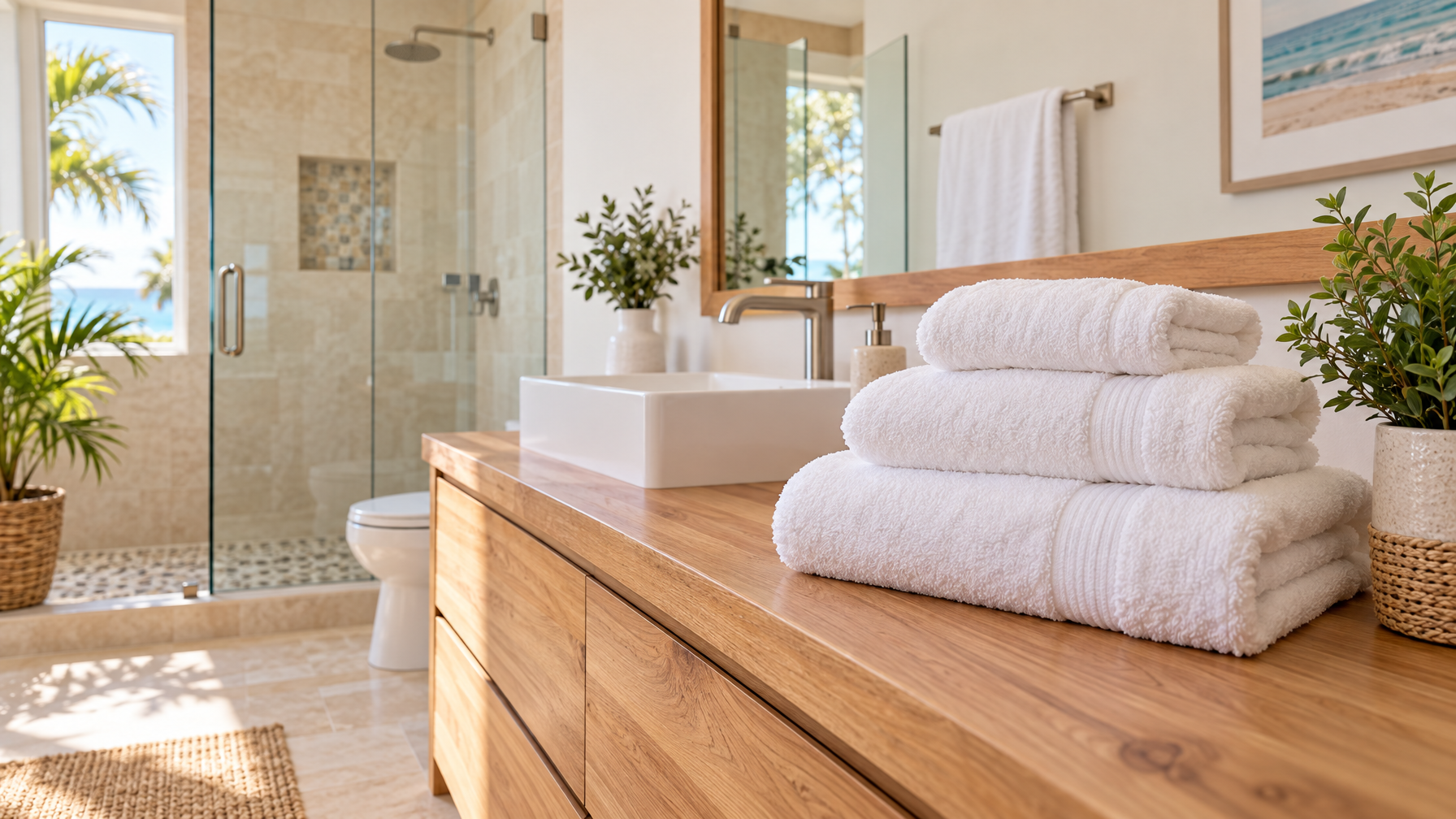Three folded white terry towels stacked on a light oak bathroom vanity beside a square vessel sink, with a glass shower and ocean window beyond