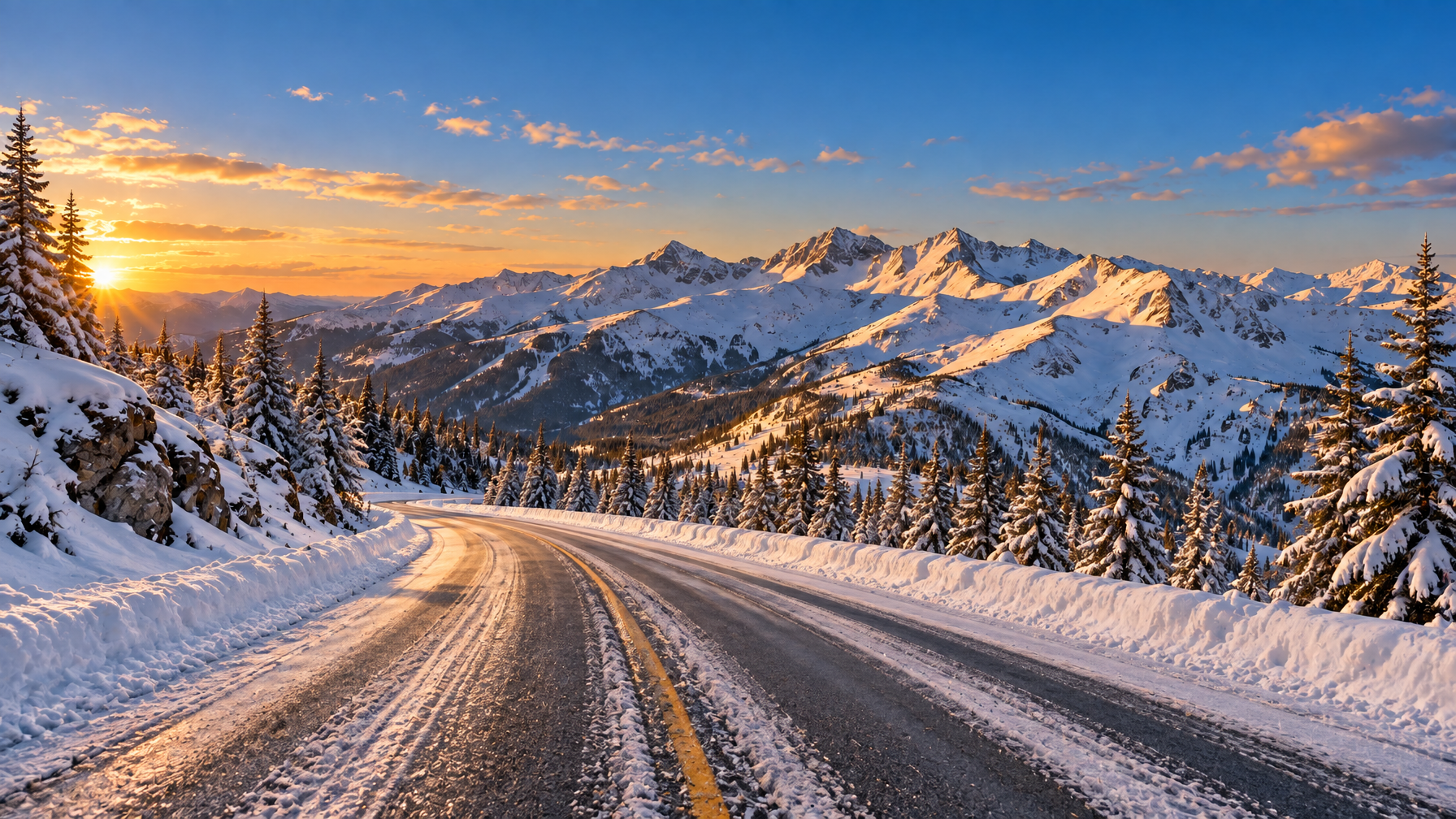 Empty snowy two-lane mountain highway at sunrise with tire tracks, snowbanks, evergreens, and distant Colorado peaks, no vehicles or people
