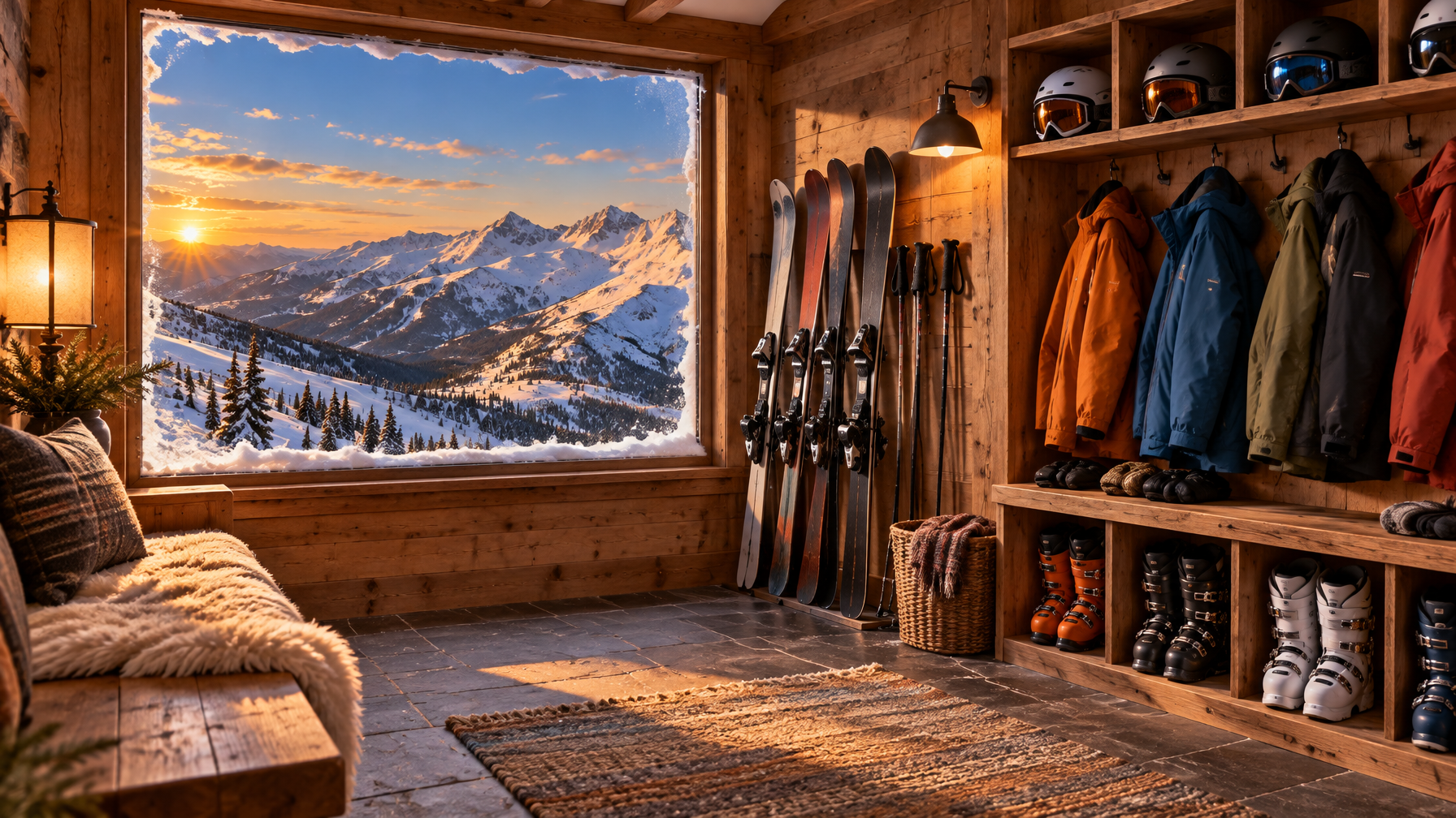 Empty wood ski mudroom with jackets, helmets, boots in cubbies, skis by a large window to snowy Colorado peaks at sunset, no people