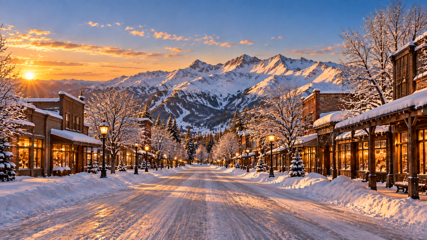 Empty snowy Colorado ski-town Main Street at sunset with wooden storefronts, glowing lamps, bare trees, and ski peaks beyond, no people