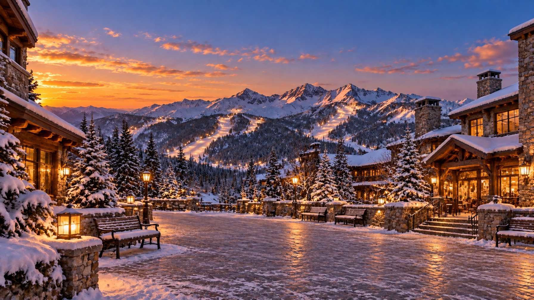 Empty snowy ski village plaza at dusk with stone and timber buildings, empty benches, soft lamps, and lit runs on the mountain, no people