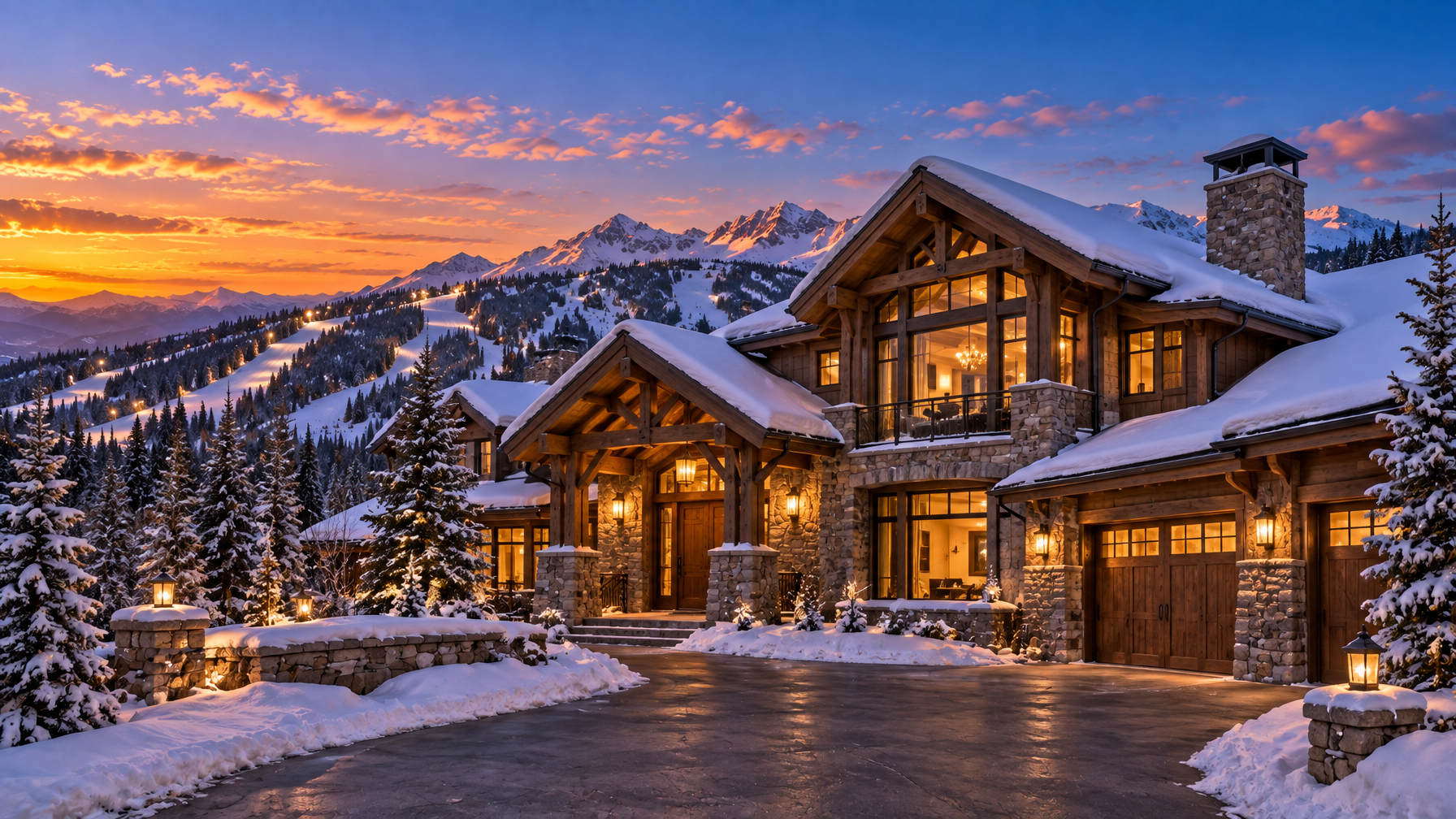 Timber-and-stone mountain home at dusk with lit windows, snowy roof, empty wet driveway, and lit ski runs on the ridge, no people