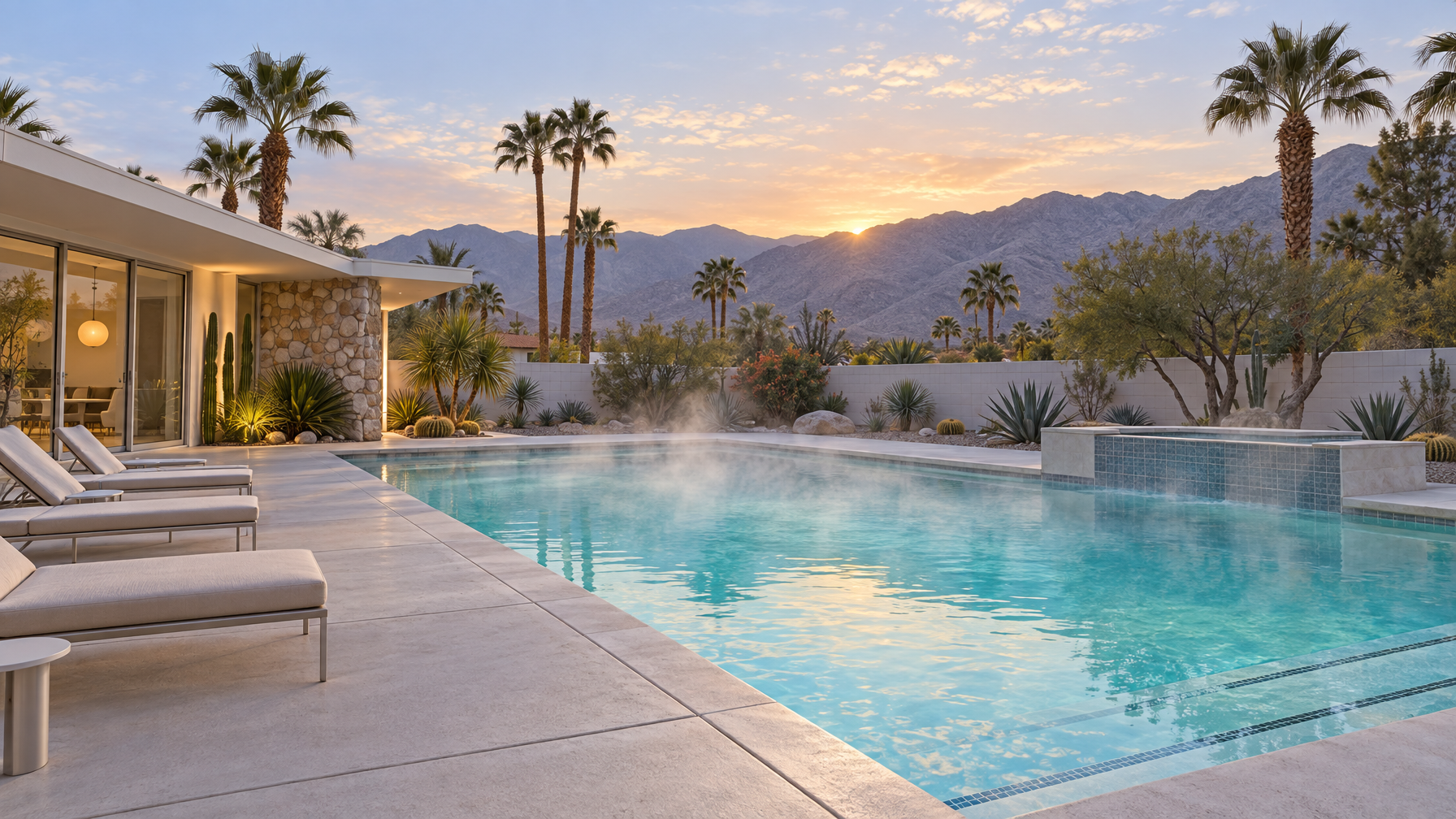 Heated Palm Springs pool at dawn with steam over turquoise water, empty lounge chairs, stone wall, and mountains