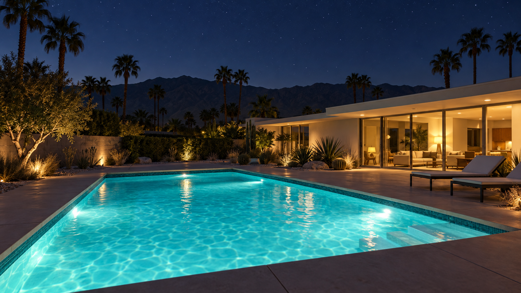 Night view of an empty Palm Springs pool glowing aqua, open glass living room, palms, and mountain silhouette under stars