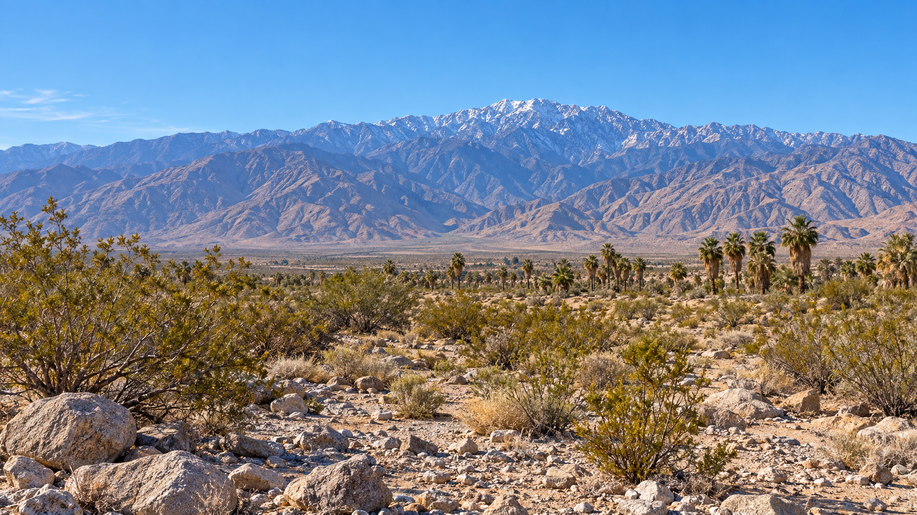 Snow-capped San Jacinto mountains above rocky desert, creosote, and a distant palm grove under a clear winter sky