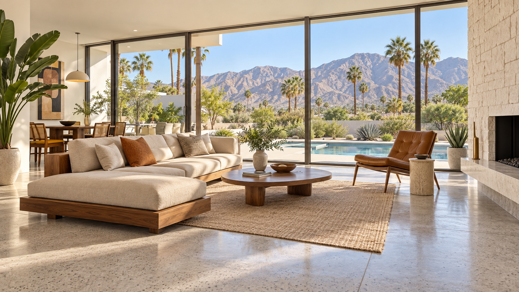 Empty Palm Springs living room with terrazzo floor, walnut sofa, leather chair, and floor-to-ceiling glass to pool, palms, and mountains