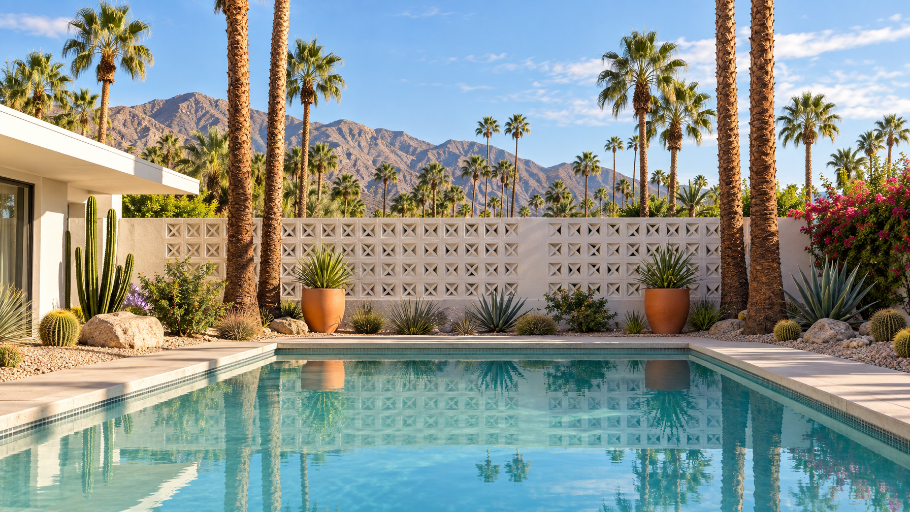 Palm Springs courtyard with breeze-block wall, terracotta planters, tall palm trunks, and a still pool reflecting the screen