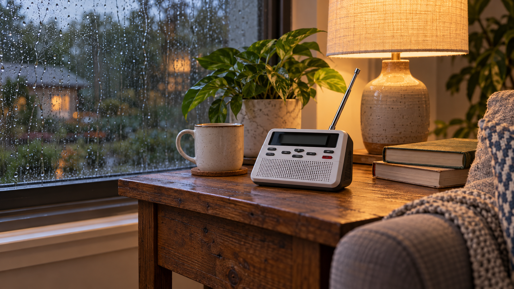 Weather radio on a wooden table beside a rain-covered window with a lamp and mug
