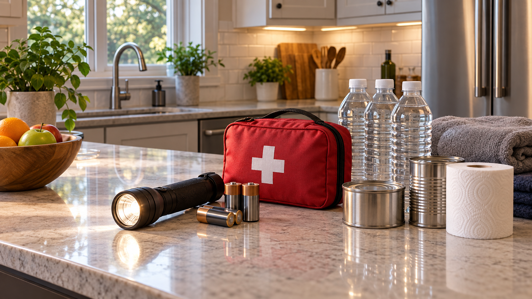 Lit flashlight, batteries, red first-aid kit, water bottles, and cans on a granite kitchen island