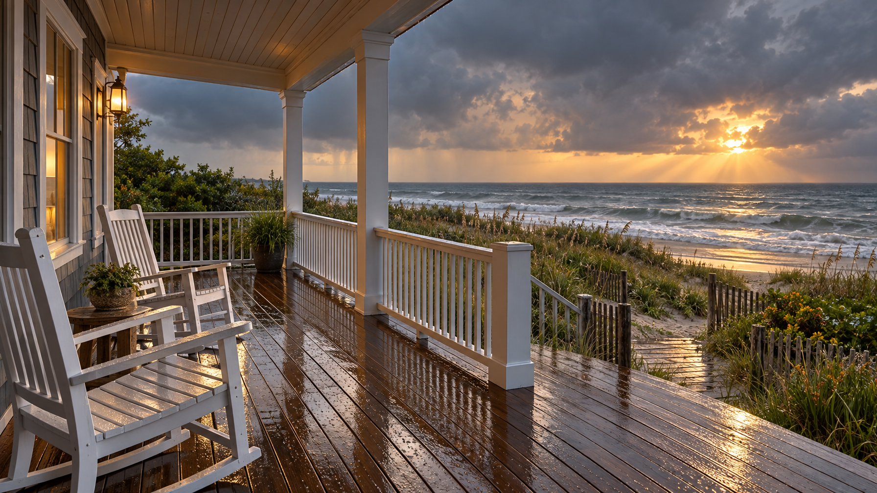 Empty wet coastal porch with white rocking chairs facing dunes and storm light on the ocean