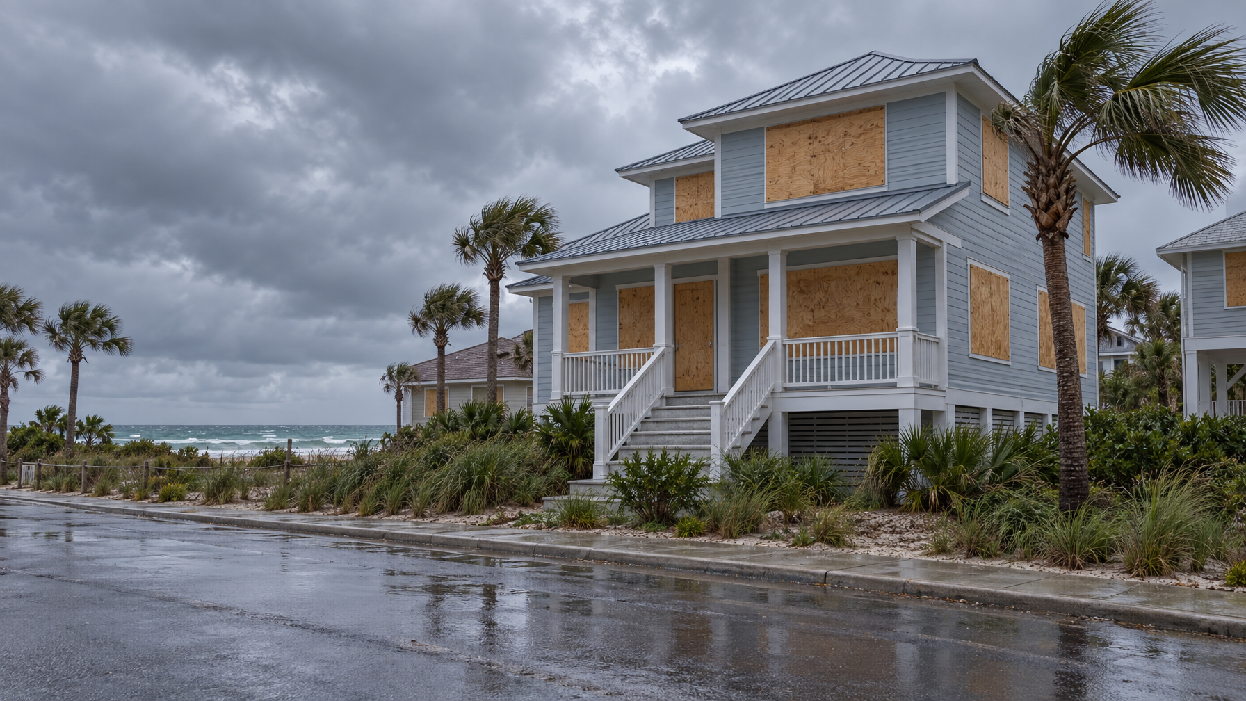 Light blue coastal vacation rental with plywood boarding over windows and doors on a wet empty street
