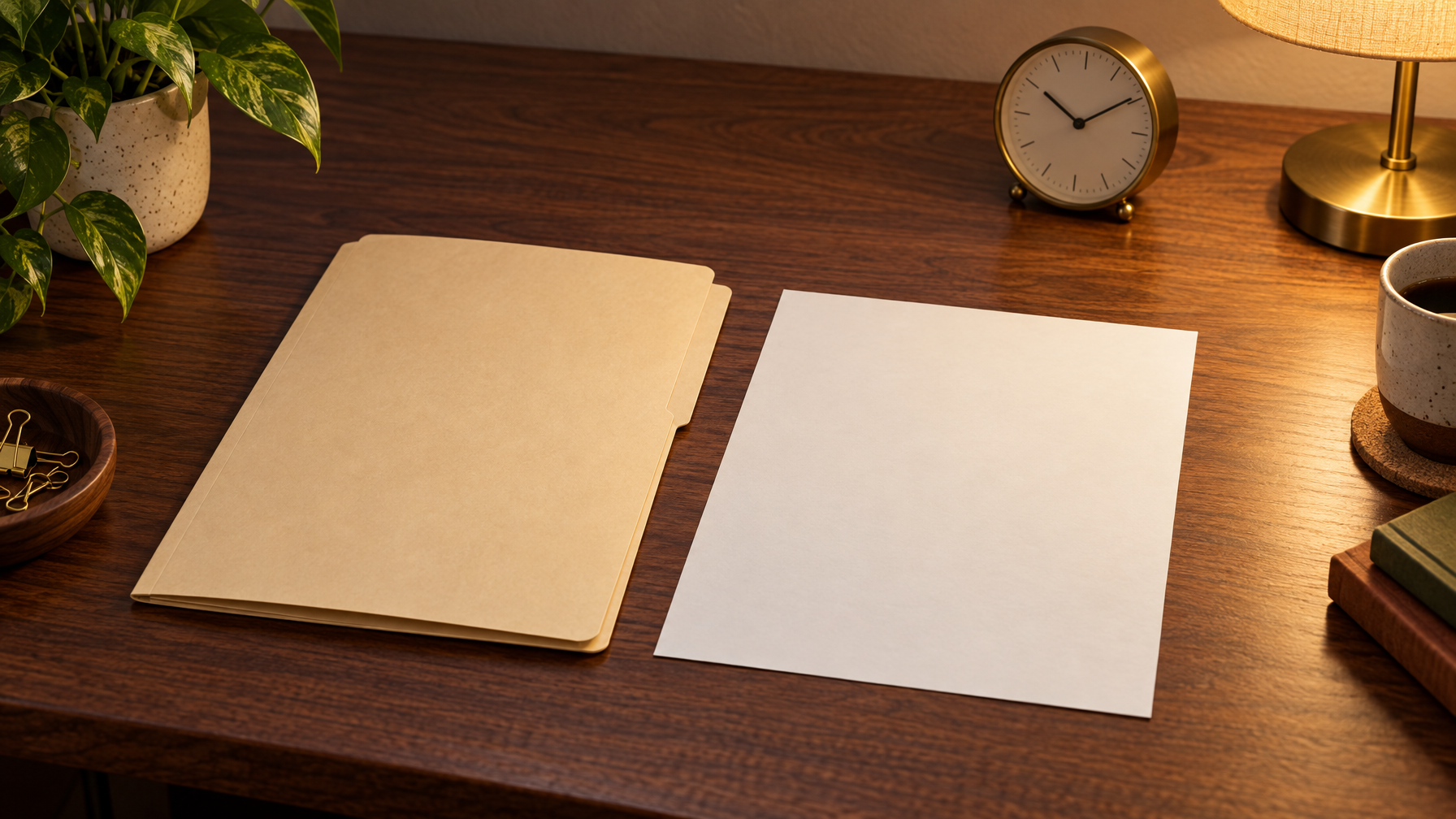 Closed manila folder and blank white paper on a wood desk with a small analog clock