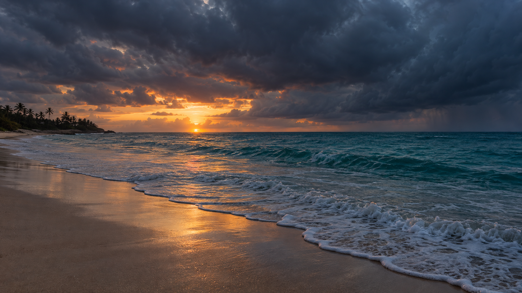 Empty tropical beach at sunset under heavy storm clouds with wet sand and incoming surf