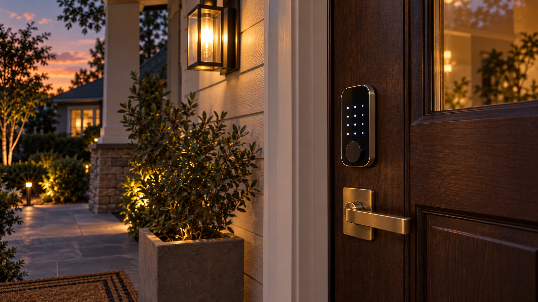 Dark wood front door at dusk with a smart lock keypad of unnumbered dots, brass lever, and a lit porch
