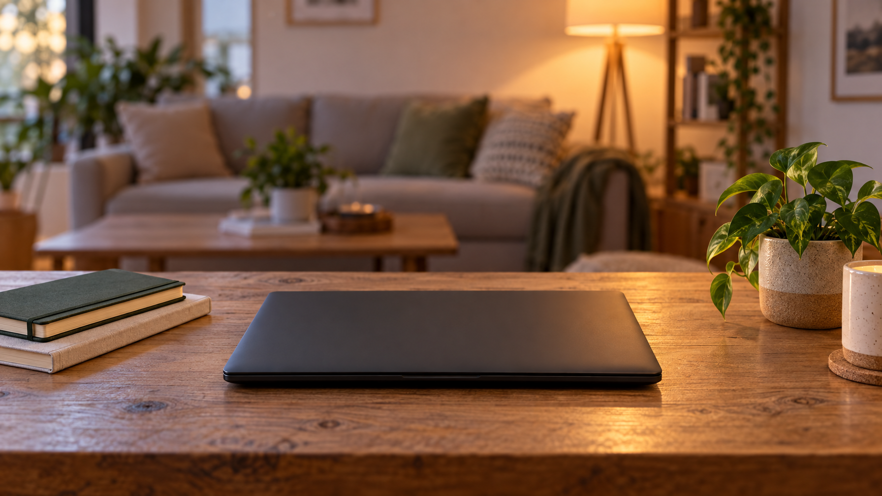 Closed black laptop on a wood table with two stacked notebooks, a potted plant, and a lamp-lit living room behind