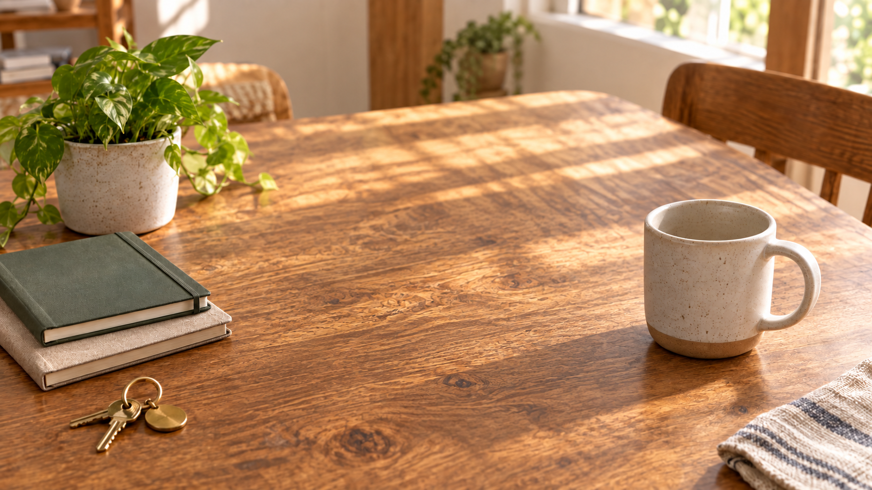 Two closed notebooks stacked on a wood table with brass keys and a speckled empty mug in striped daylight