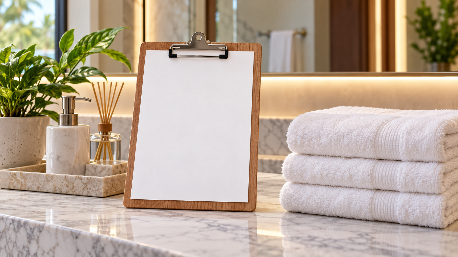 Wooden clipboard with blank paper on a marble vanity beside a stack of white towels