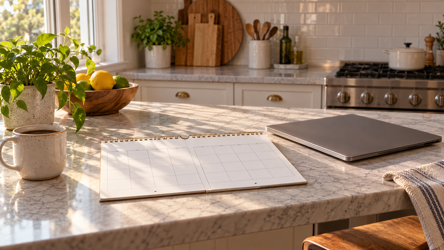 Blank spiral desk calendar and a closed silver laptop on a sunlit marble kitchen island