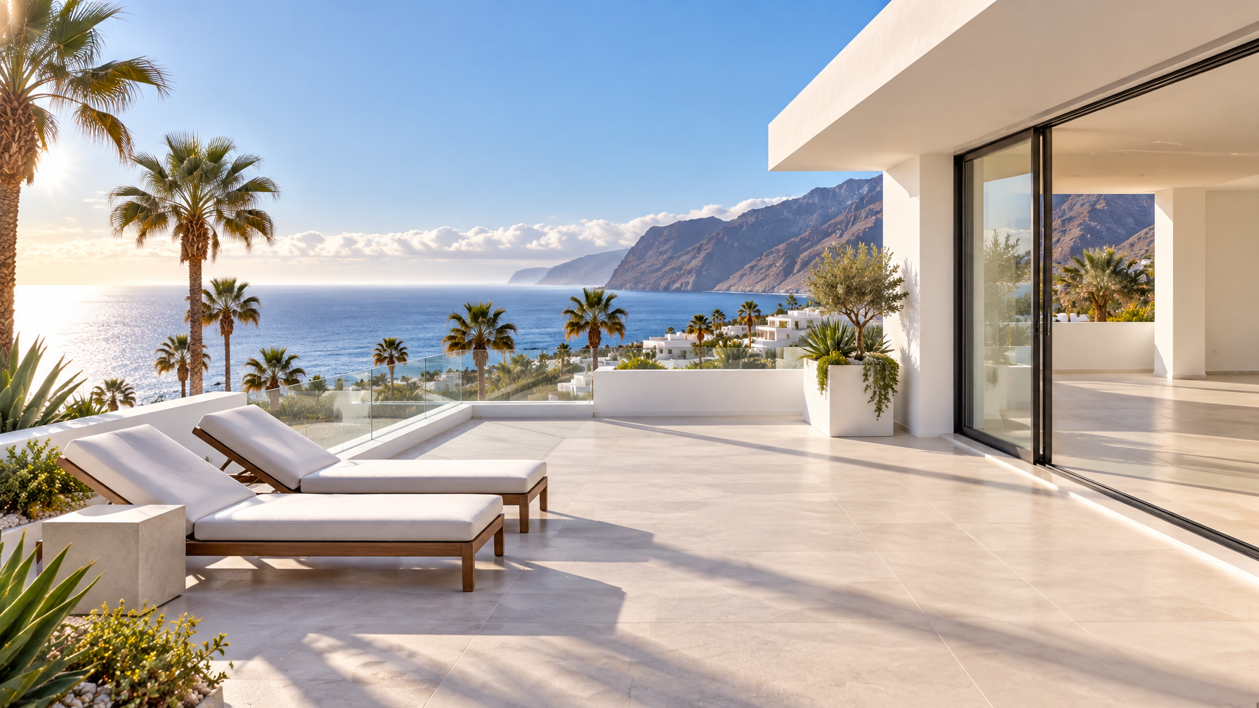 Empty white tiled Tenerife apartment terrace with two lounge chairs, a glass rail, palms, and an Atlantic mountain view