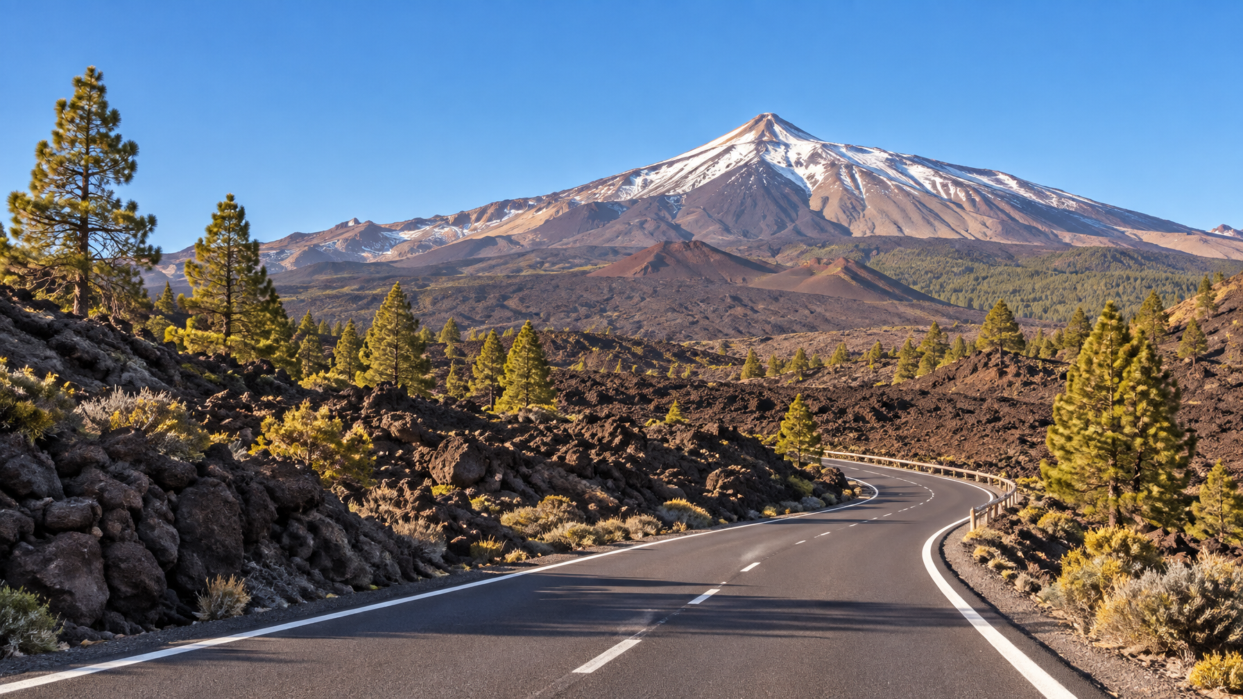 Snow-capped Mount Teide above a dark lava plateau with an empty winding road and Canary pines