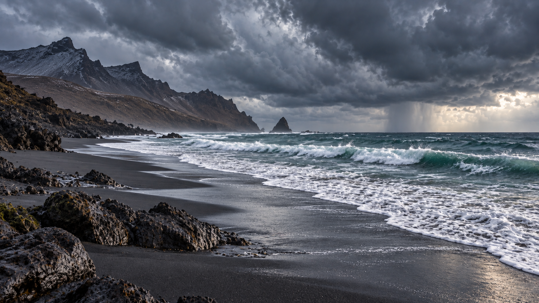 Empty black volcanic sand beach on Tenerife with Atlantic waves, a rocky headland, and overcast winter light