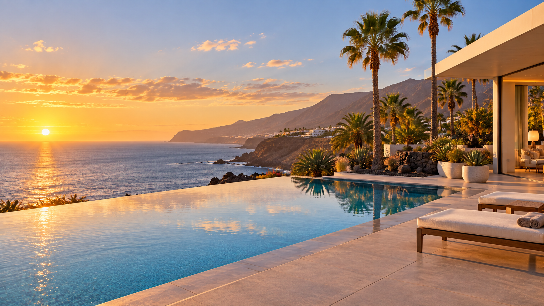 Empty infinity pool on Tenerife's south coast facing an Atlantic sunset, with palms and unused loungers