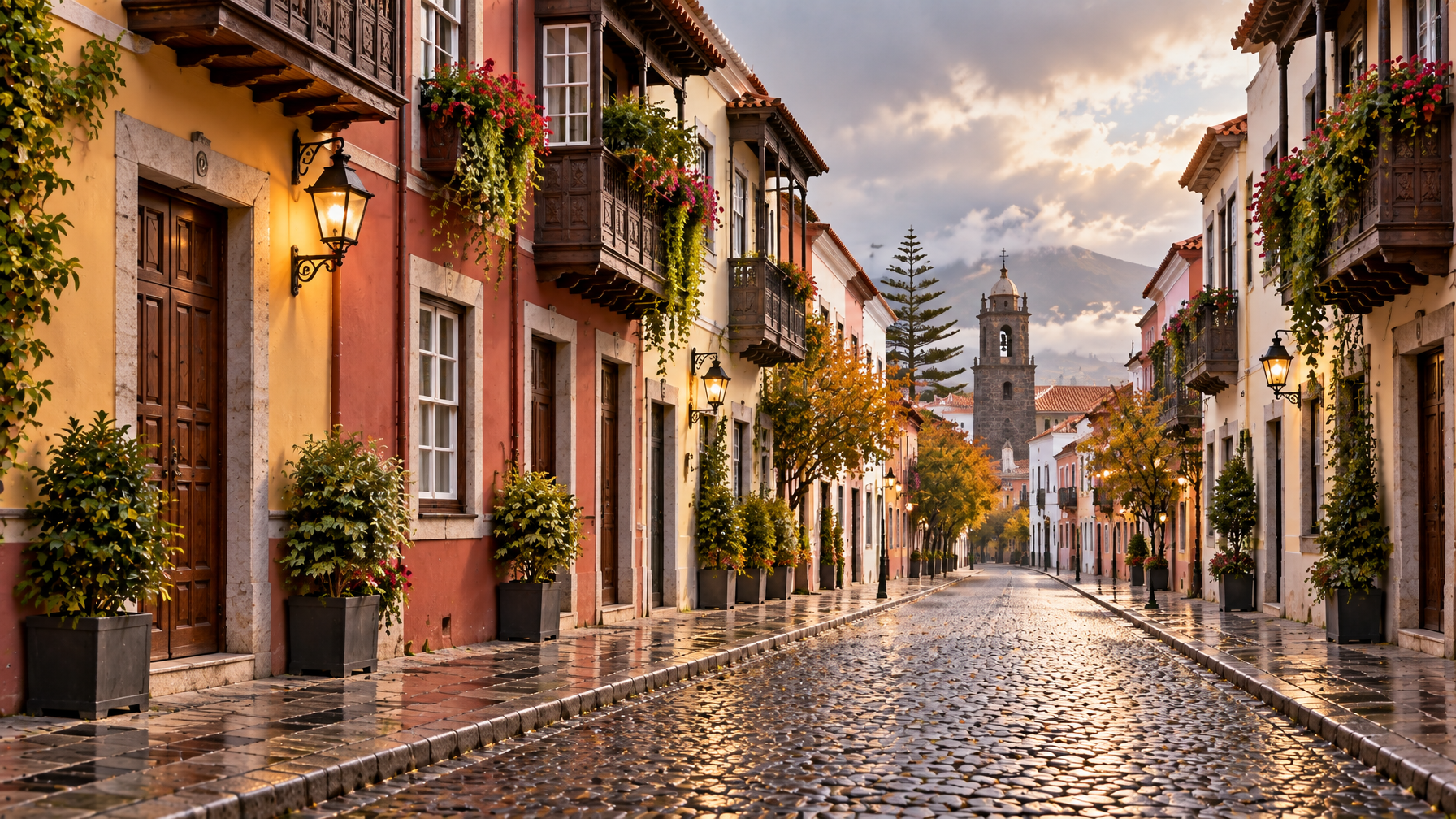 Empty wet cobbled street in colonial La Laguna with wooden Canarian balconies, hanging flowers, and a stone church tower