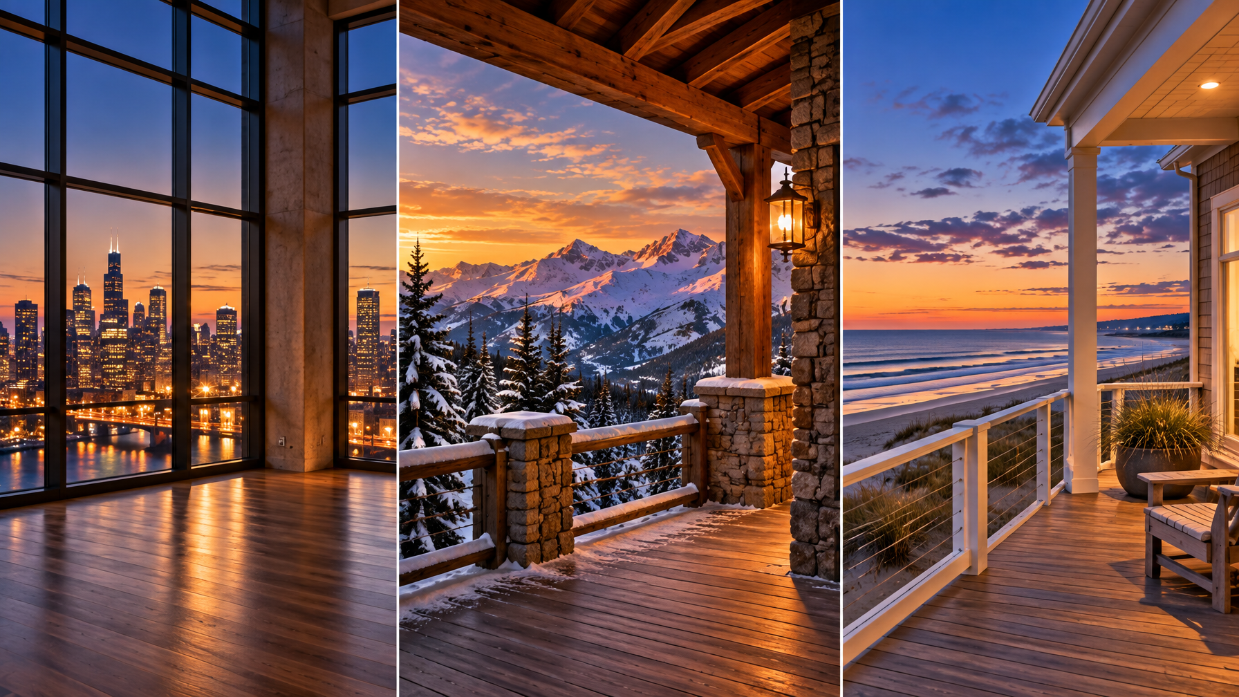 Three empty New Year stay settings side by side: city loft windows at dusk, a snowy mountain cabin porch at sunset, and a beach house deck over the ocean at twilight