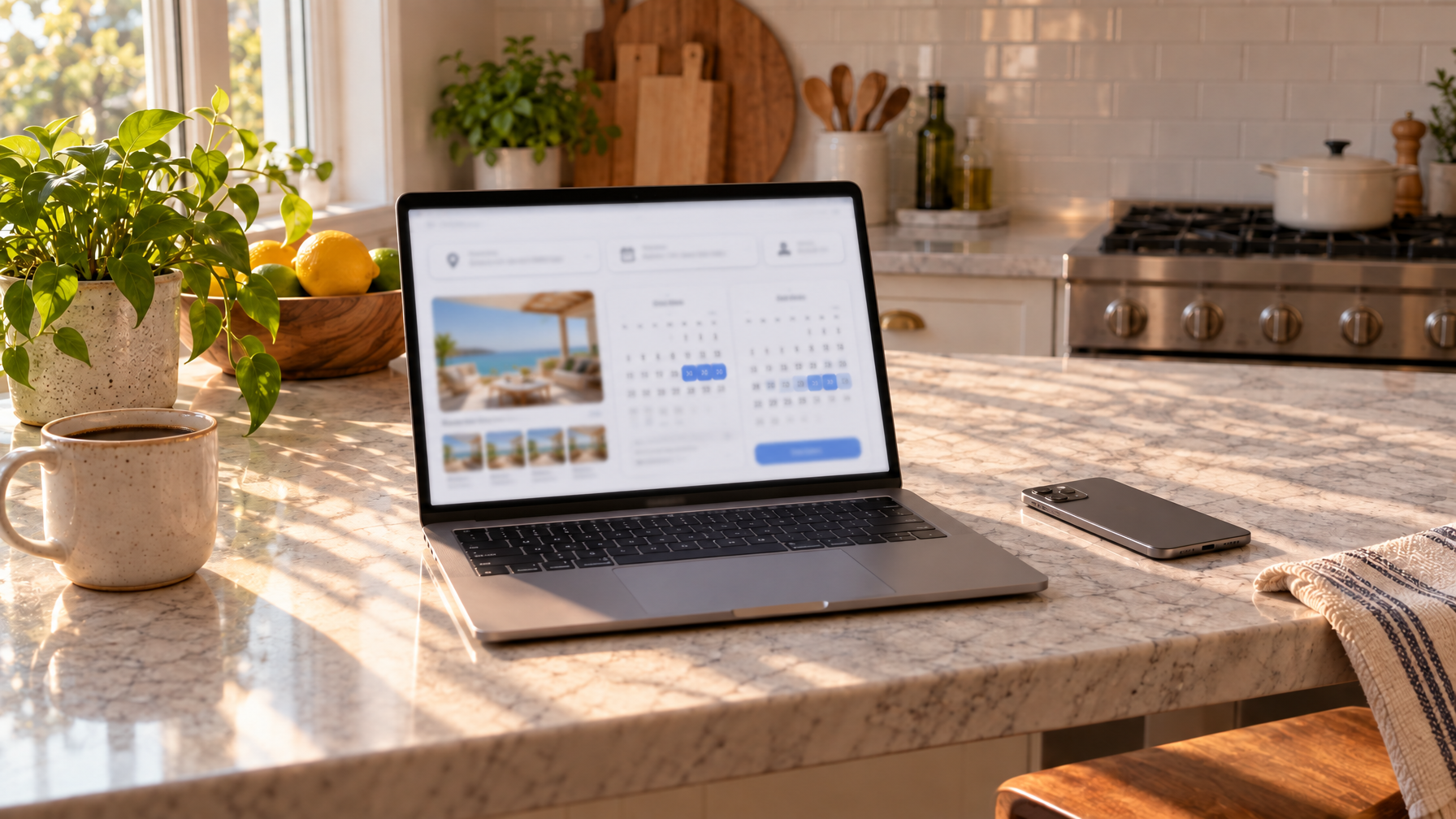 Open laptop on a marble kitchen island showing a soft booking calendar screen, with a coffee mug and phone beside it in an empty bright kitchen