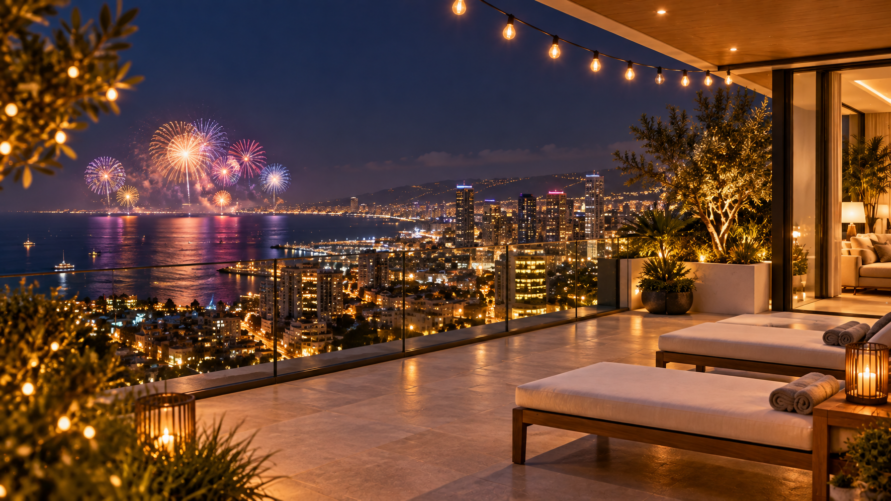 Empty rooftop terrace at night with lounge chairs and string lights overlooking a lit coastal city and distant fireworks over the water