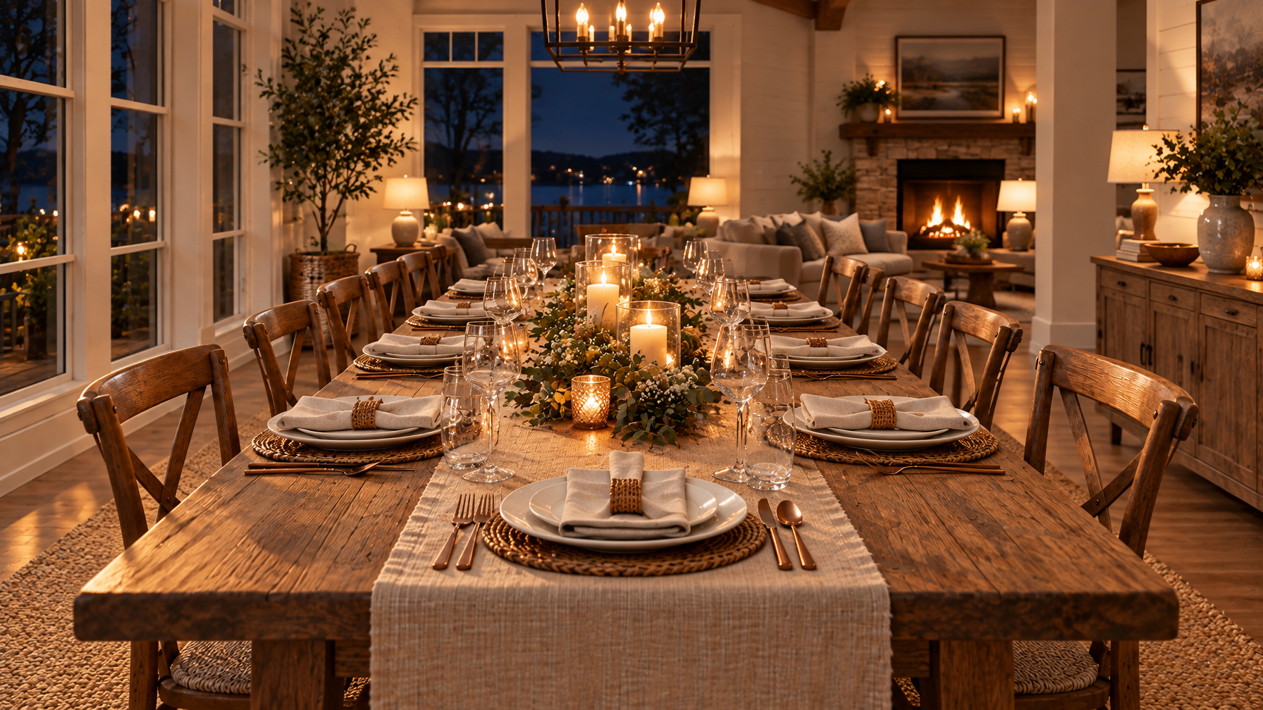 Long empty wood dining table set with plates and candles in an open-plan vacation rental at night, with lake windows and a fireplace beyond