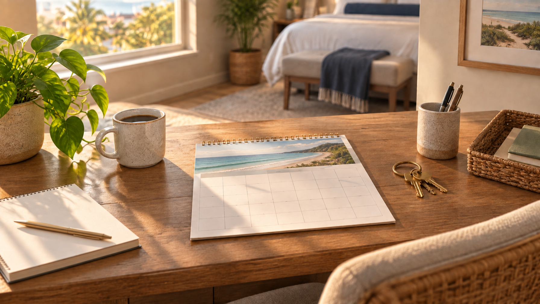 Wooden desk with a blank monthly calendar, brass keys, coffee mug, and open notebook in a bright vacation rental bedroom