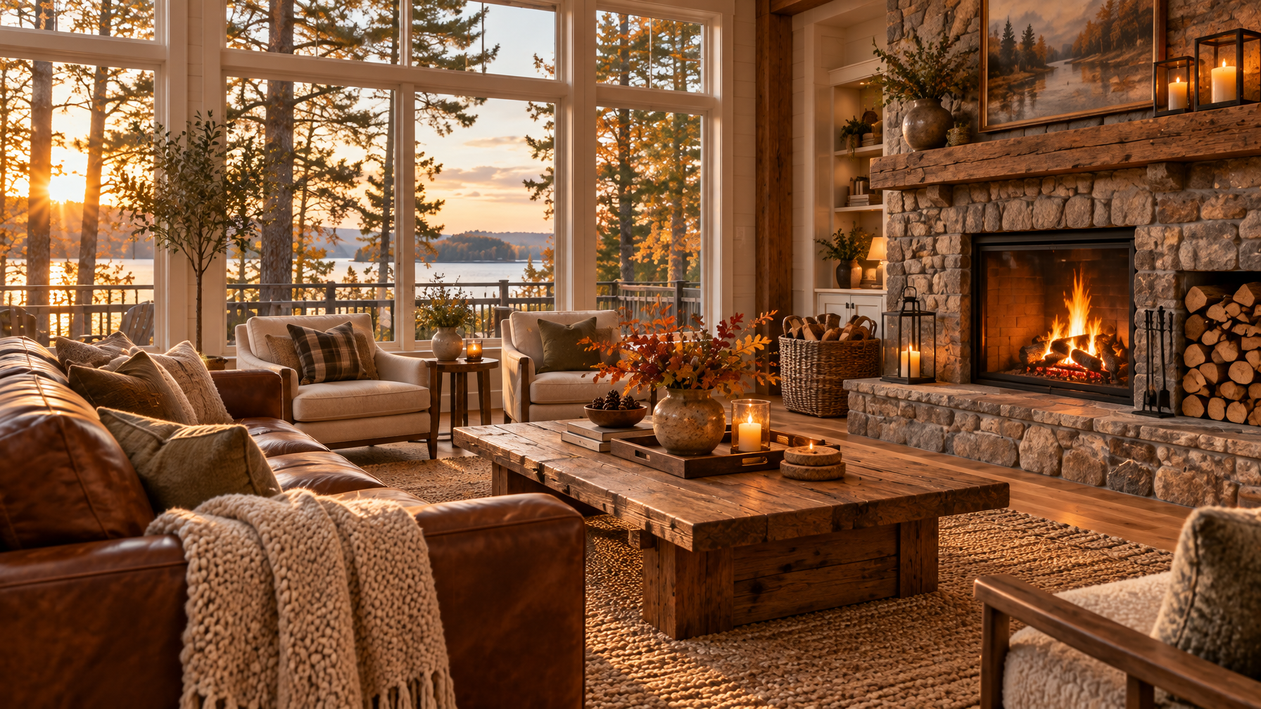 Empty cabin living room with stone fireplace, leather sofa, knit throw, and lake view through tall windows