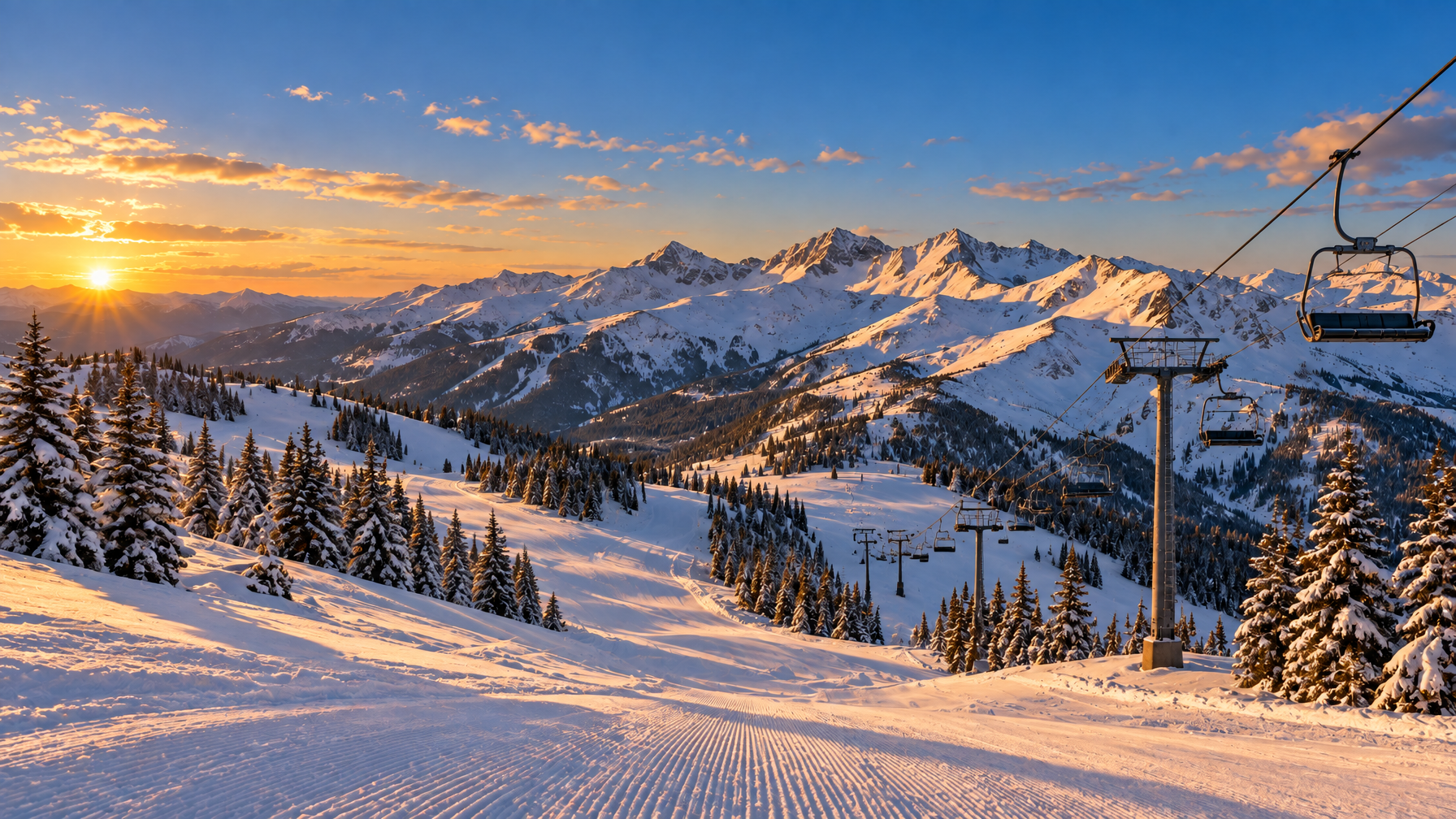 Empty groomed ski slope at sunrise with idle chairlifts and snow-covered pines