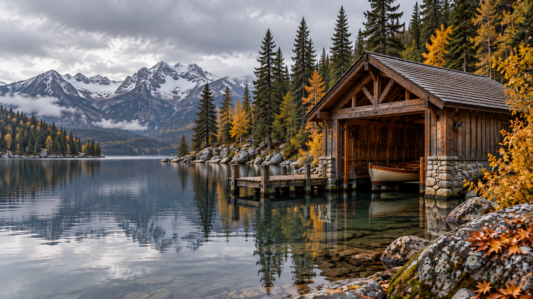 Wooden boathouse and empty dock on a still mountain lake under overcast skies, autumn pines