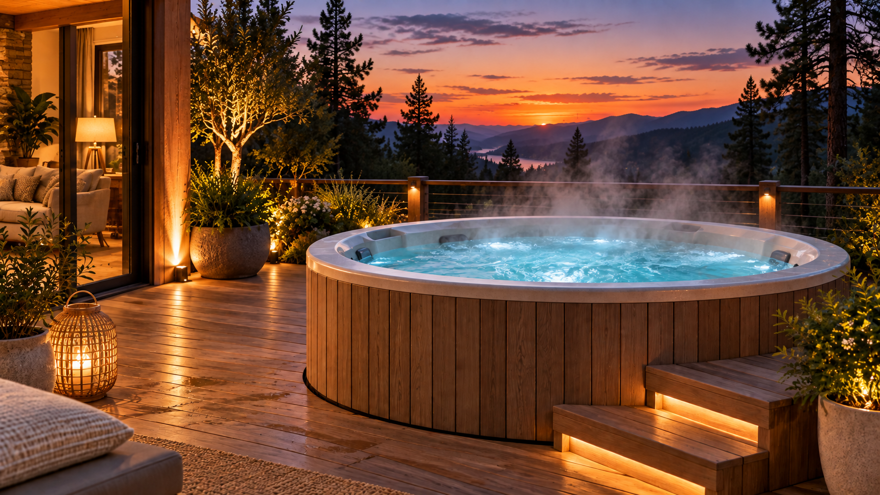 Empty steaming round hot tub on a wood deck at twilight with pine silhouettes and a mountain sunset