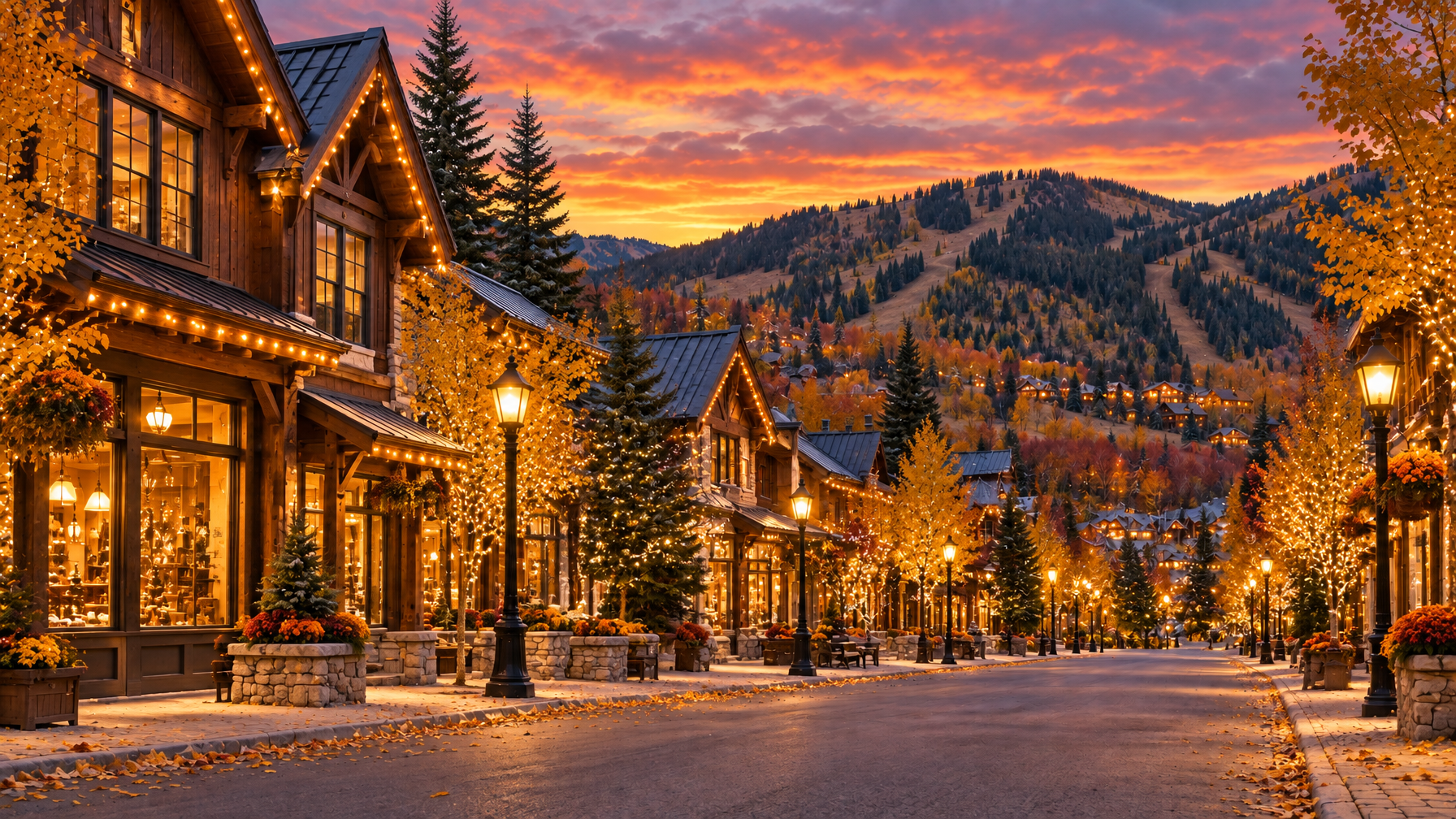 Empty timber village street at dusk with string lights, autumn leaves, and a ski hill in the background