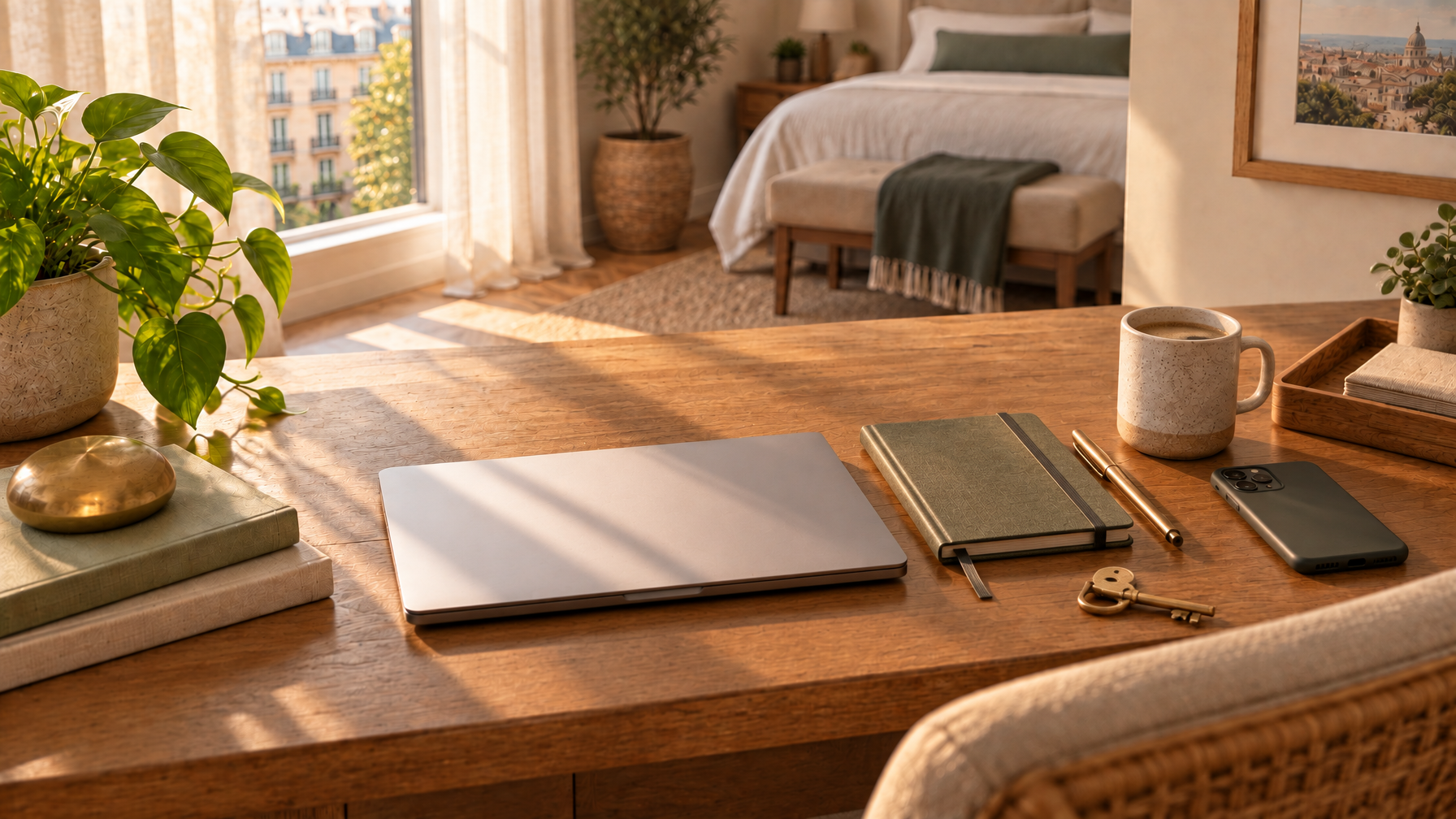 Host desk with a laptop, notebook, brass backup key and smartphone for access code management