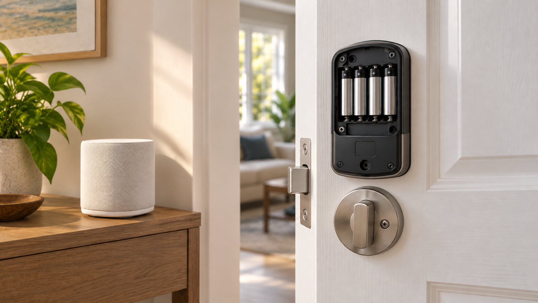 Interior of a white door showing a smart lock housing with an exposed AA battery compartment beside a Wi-Fi router